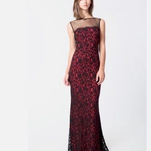Tadashi Shoji Black and Red Lace Mesh Overlay Maxi Evening Gown Dress